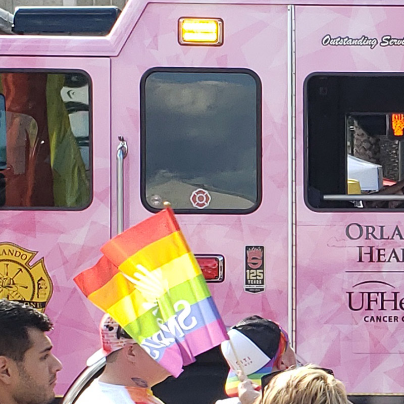 Orlando Health 2019 Pinktober Fire Truck Wrap at 2019 PRIDE Parade in Downtown, Orlando, Florida